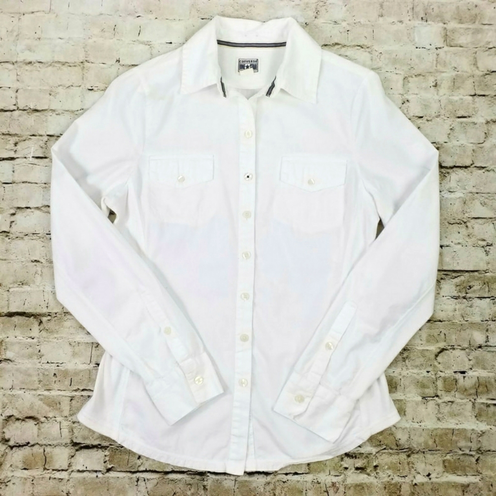 Converse One Star Off White Long Sleeve Button Front Shirt Womens Medium